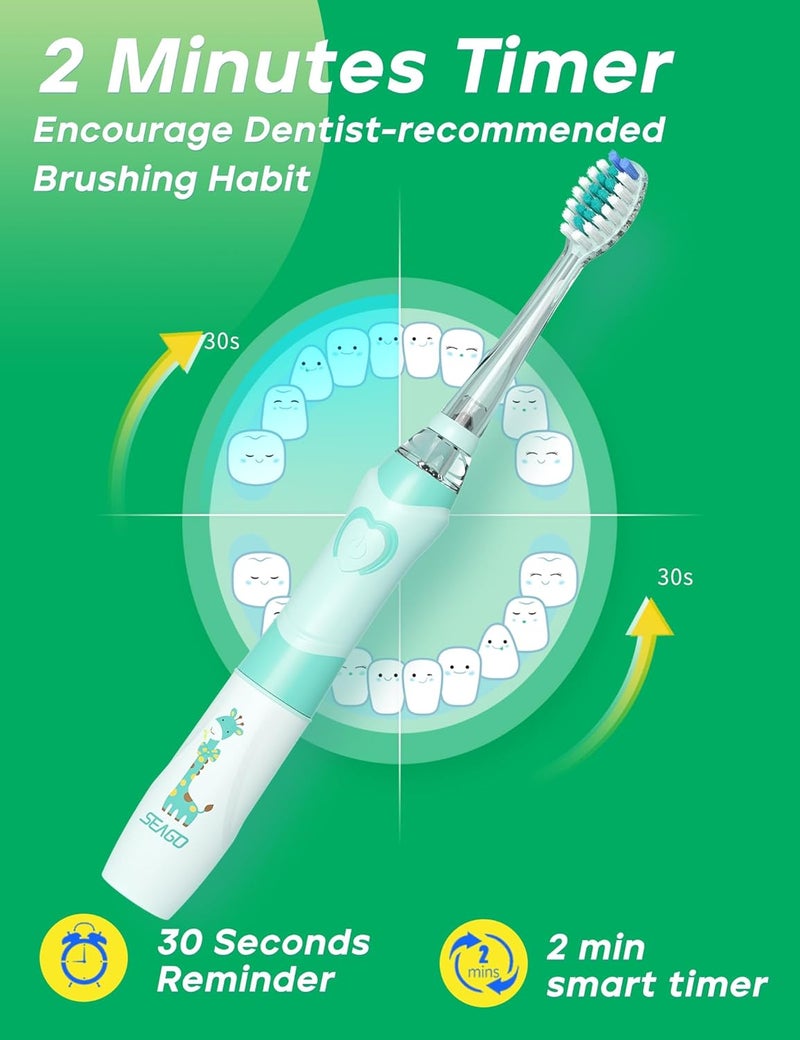 Seago Kids Electric Toothbrush with 2 Mins Brushing Timer and 8 Replacement Bursh Heads,Rainbow LED Light Make Brushing Fun, Blue Color Boys Battery Powerd Toothbrush for 4-12 Years Old - Image 3